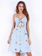 Choies Blue Stripe Bow Front Open Belly Floral Print Cami Dress