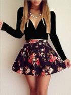 Choies Black Sweetheart Longe Sleeve Floral Print Skater Dress