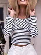 Choies White Stripe Off Shoulder Cross Front Long Sleeve Cropped T-shirt