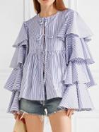 Choies Blue Stripe Bow Tie Front Layered Flare Sleeve Shirt