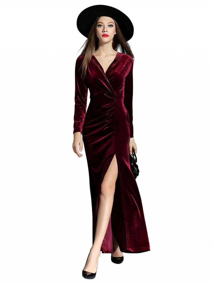 Choies Burgundy Velvet Wrap V-neck Ruched Detail Split Maxi Dress