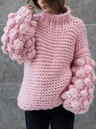 Choies Pink High Neck Puff Sleeve Chunky Knit Sweater