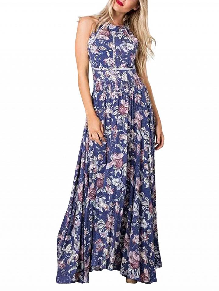 Choies Polychrome Floral Halter Open Back Split Front Maxi Dress
