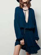 Choies Dark Blue Plunge Long Sleeve Mini Dress