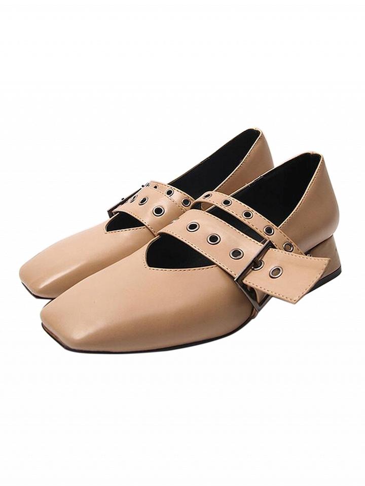 Choies Khaki Contrast Buckle Detail Square Toe Shoes