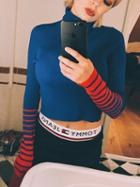 Choies Blue Contrast Stripe High Neck Crop Knit Sweater