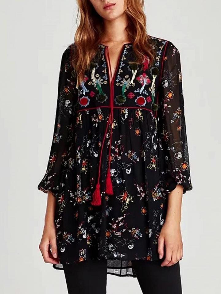 Choies Black Tassel Tie Embroidery Detail Print Floral Mini Dress