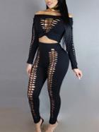 Choies Black Off Shoulder Cut Out Detail Long Sleeve Crop Top And Pants