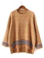 Choies Ochre Bat Sleeve Mix Folk Knit Dipped Back Sweater