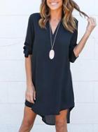 Choies Navy V-neck Roll-up Sleeve Dipped Hem Dress