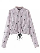 Choies Pink Stripe Cat Print Long Sleeve Cropped Shirt
