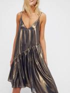 Choies Gold Metallic V Neck Asymmetric Hem Cut Out Back Cami Dress