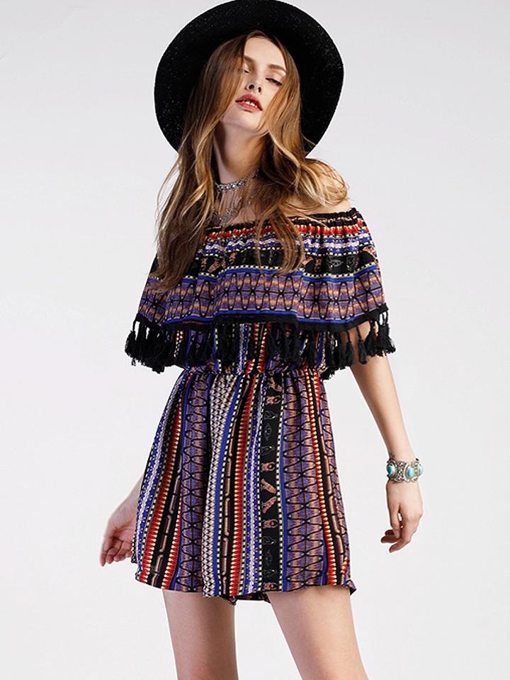 Choies Polychrome Off Shoulder Geo-tribal Fringe Hem Romper Playsuit