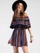 Choies Polychrome Off Shoulder Geo-tribal Fringe Hem Romper Playsuit