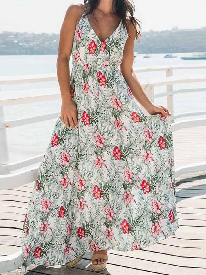 Choies Polychrome Cotton V-neck Floral Print Chic Women Cami Maxi Dress