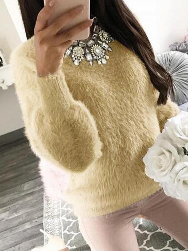 Choies Khaki Faux Fur Long Sleeve Sweatshirt