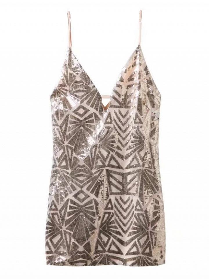Choies Nude Plunge Metallic Sequin Mesh Cami Bodycon Dress