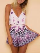Choies Pink V-neck Folk Print Ruffle Trim Open Back Romper Playsuit