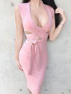 Choies Pink Plunge Tie Waist Sleeveless Chic Women Bodycon Dress