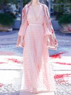 Choies Pink Plunge Polka Dot Long Sleeve Chic Women Sheer Mesh Maxi Dress