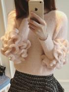 Choies Pink Ruffle Trim Long Sleeve Mohair Knit Sweater