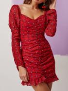 Choies Red Plaid V-neck Ruffle Hem Long Sleeve Women Mini Dress