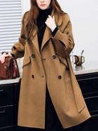 Choies Camel Lapel Tie Waist Embroidery Puff Sleeve Wool Longline Coat