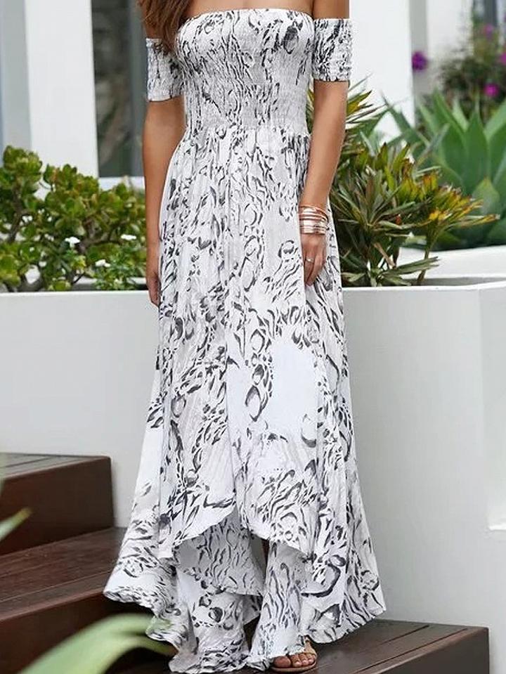 Choies White Stretch Off Shoulder Asymmetric Hem Maxi Dress