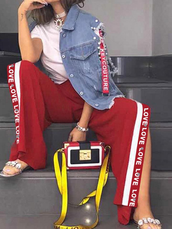 Choies Red Contrast High Waist Letter Stripe Side Chic Women Wide Leg Pants