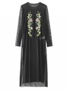 Choies Black Embroidery Floral Long Sleeve Side Split Sheer Mesh Dress