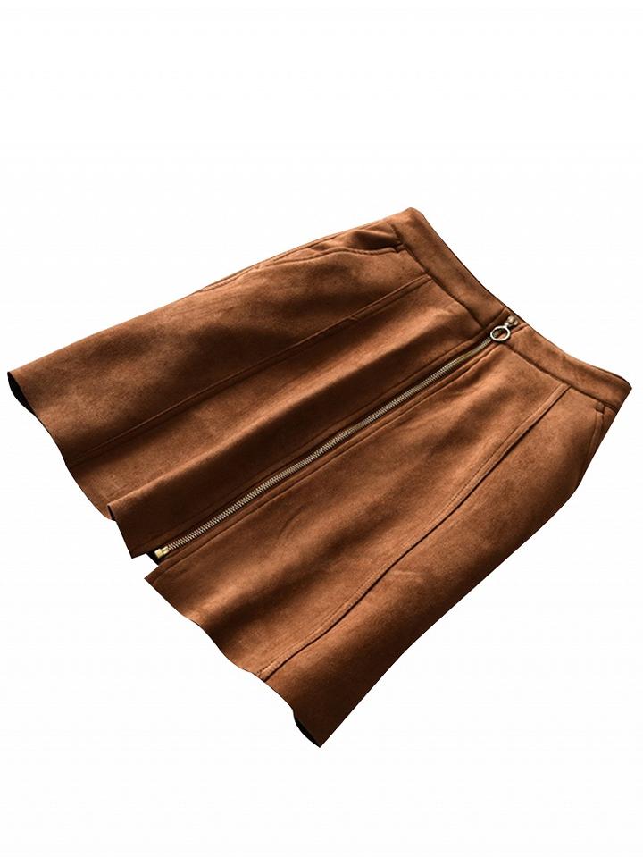 Choies Dark Khaki Faux Suede High Waist Circle Zip Front Mini Skirt
