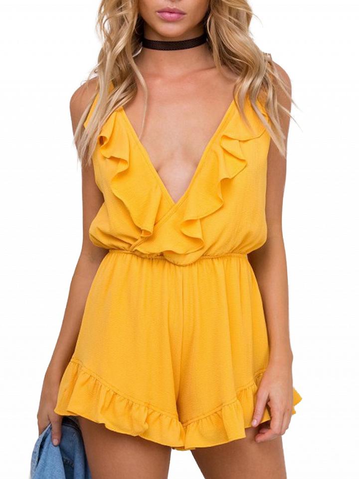 Choies Yellow Wrap Plunge Ruffle Trim Romper Playsuit