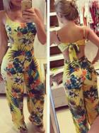 Choies Yellow Floral Print Tied Open Back Cami Jumpsuit