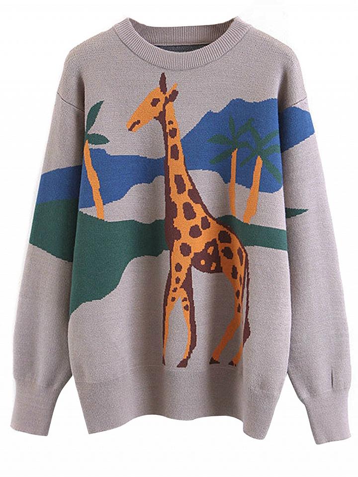Choies Gray Giraffe Pattern Long Sleeve Knit Sweater