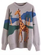 Choies Gray Giraffe Pattern Long Sleeve Knit Sweater