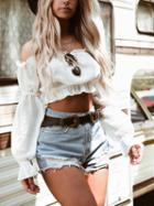 Choies White Off Shoulder Frill Trim Flare Sleeve Crop Top