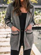 Choies Gray Open Front Folk Panel Pocket Detail Long Sleeve Knit Cardigan
