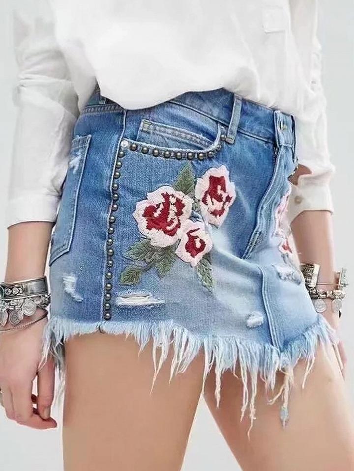 Choies Blue Studded Floral Embroidery Raw Hem Denim Mini Skirt