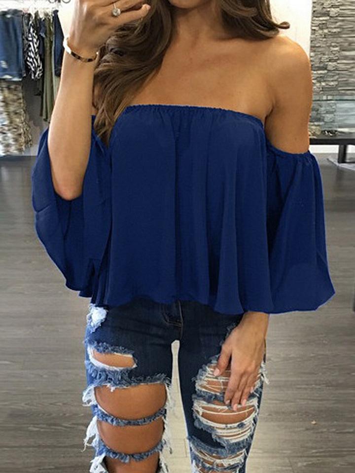 Choies Dark Blue Off Shoulder Long Sleeve Blouse