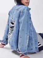 Choies Blue Beaded Distressed Detail Boyfriend Denim Jacket