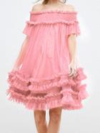 Choies Pink Off Shoulder Layered Frill Trim Chic Women Mesh Mini Dress