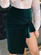 Choies Green Velvet High Waist Knot Detail Skirt