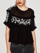 Choies Black Sheer Panel Embroidery Detail Frill Trim Blouse