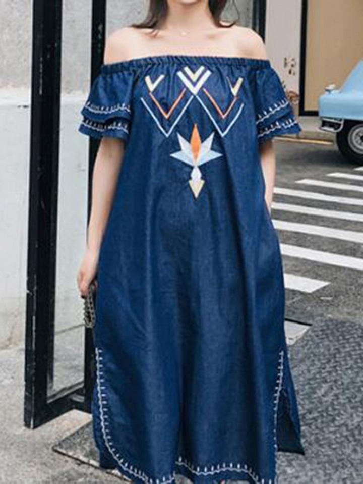 Choies Blue Cotton Off Shoulder Geo Pattern Embroidery Chic Women Midi Dress