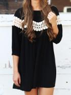 Choies Black Crochet Lace Panel 3/4 Sleeve Keyhole Back Dress