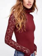 Choies Burgundy High Neck Cut Out Back Lace Panel Knit Sweater