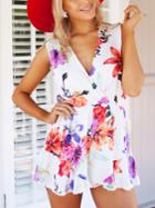 Choies White Floral Print Wrap Front Sleeveless Romper Playsuit