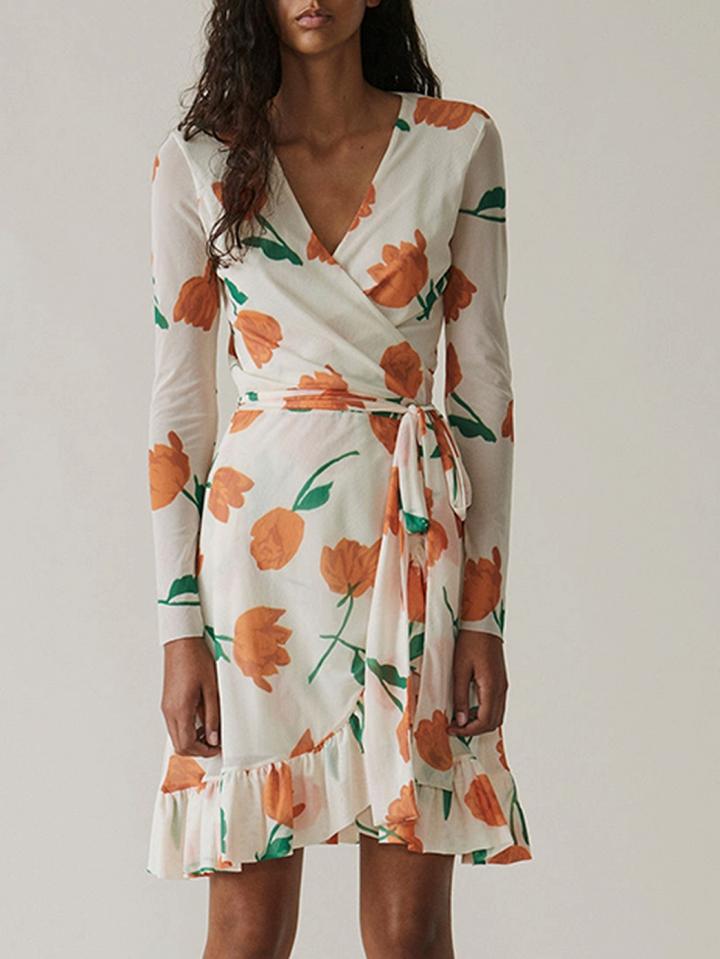 Choies White V-neck Tulip Print Tie Waist Long Sleeve Chic Women Mini Dress