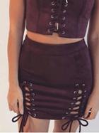 Choies Burgundy Lace Up Side Faux Suede Pencil Mini Skirt