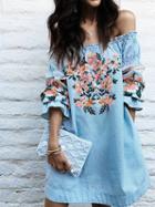 Choies Blue Off Shoulder Floral Print 3/4 Sleeve Dress